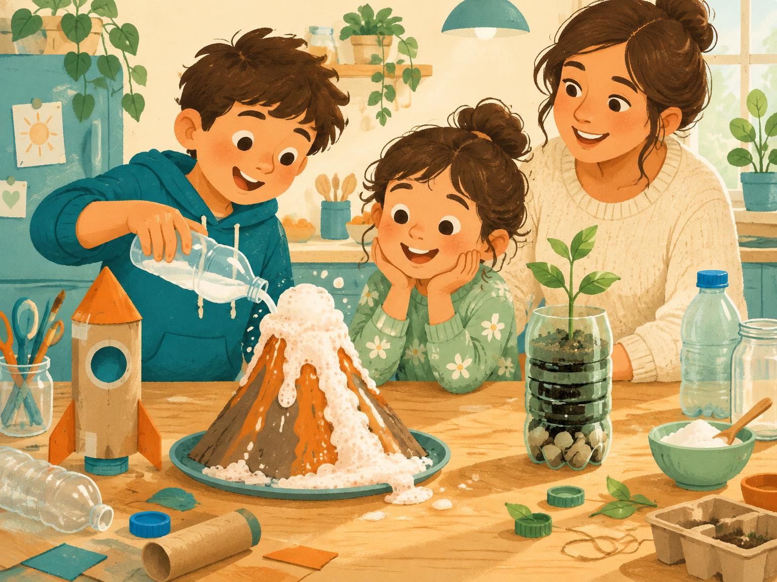 Niños haciendo un volcán de bicarbonato con su mamá
